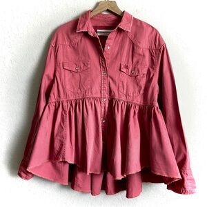 We the Free Western Peplum Denim Shirt Top Pink Salmon Pearl Snap S